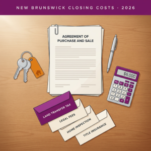 Flat-lay illustration showing documents, keys, and closing cost breakdown for buying a home in New Brunswick.
