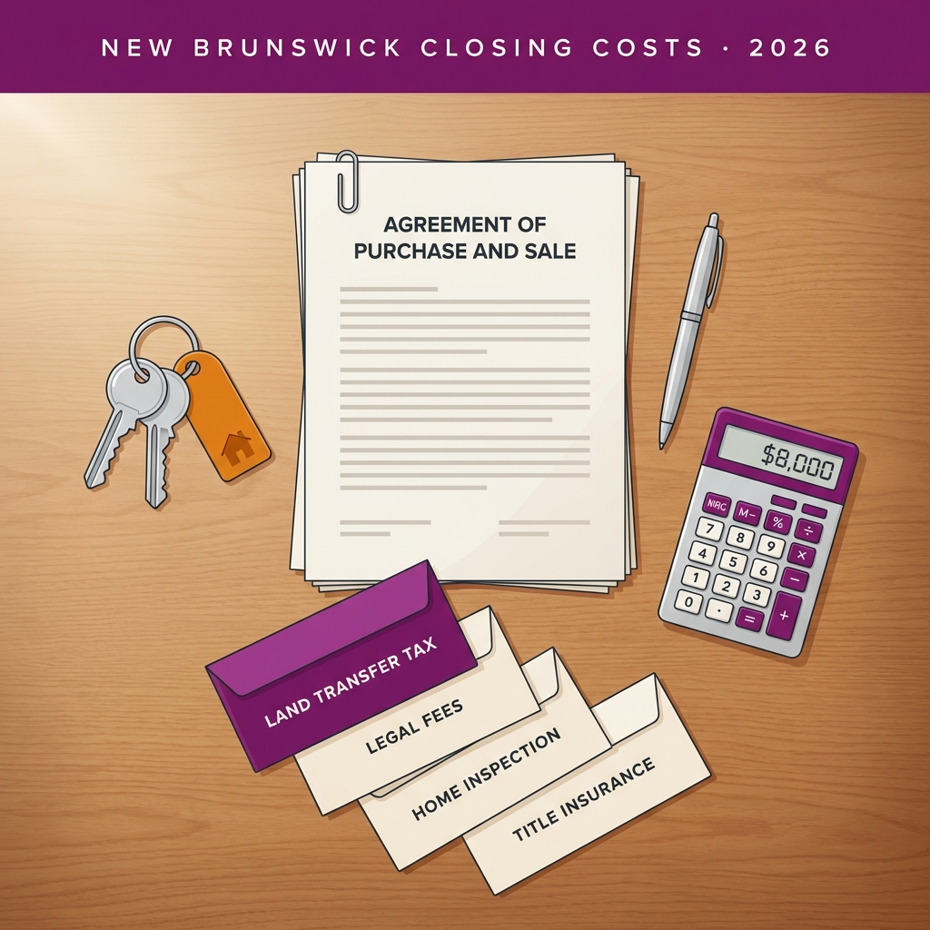 Flat-lay illustration showing documents, keys, and closing cost breakdown for buying a home in New Brunswick.