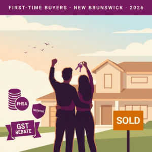 Illustration of first-time home buyers celebrating in front of a home with a sold sign, showing NB homebuyer programs.