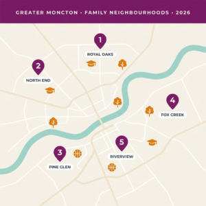 Stylized map of Greater Moncton showing five top family-friendly neighbourhoods with amenity icons.