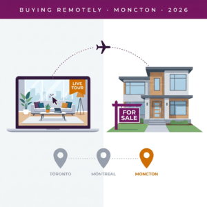 Illustration showing a virtual home tour on a laptop connecting to a Moncton home, representing remote home buying from other provinces.