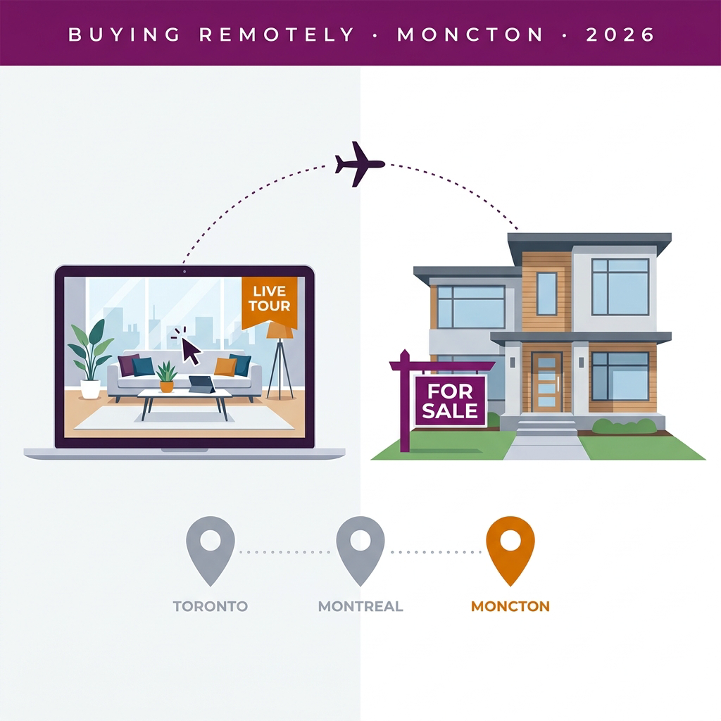 Illustration showing a virtual home tour on a laptop connecting to a Moncton home, representing remote home buying from other provinces.