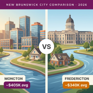 Split-panel comparison illustration of Moncton and Fredericton real estate markets with average home prices.