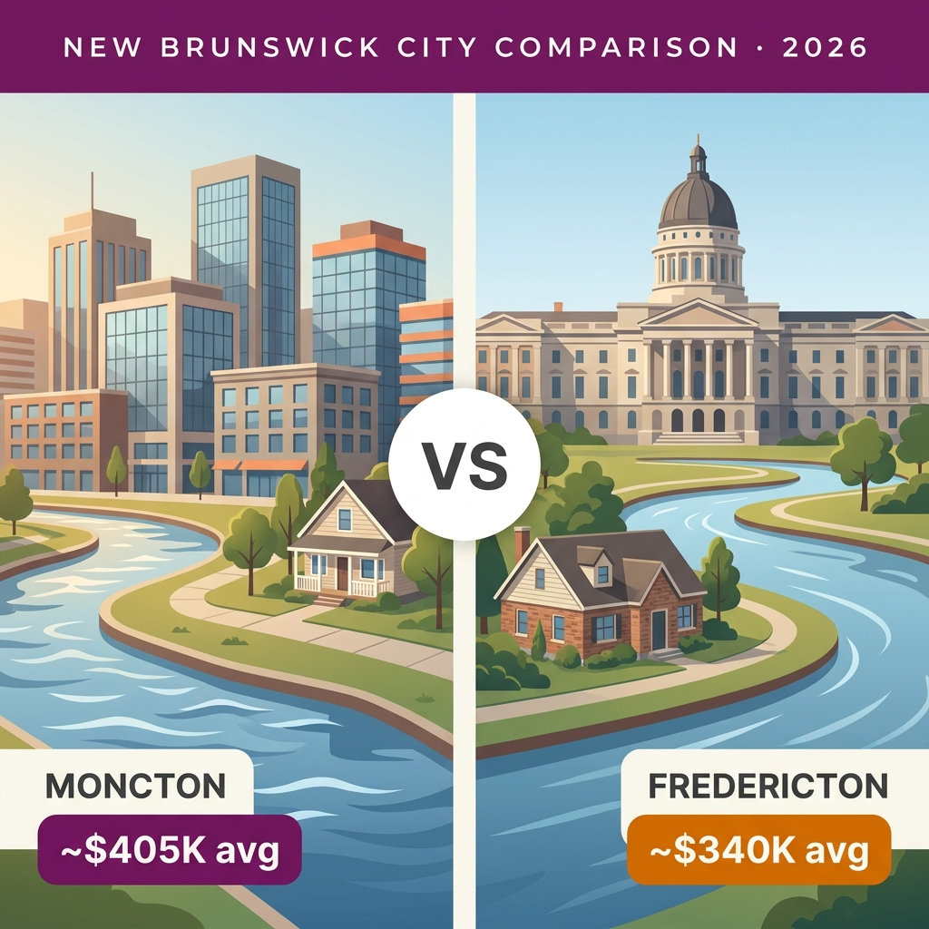 Split-panel comparison illustration of Moncton and Fredericton real estate markets with average home prices.