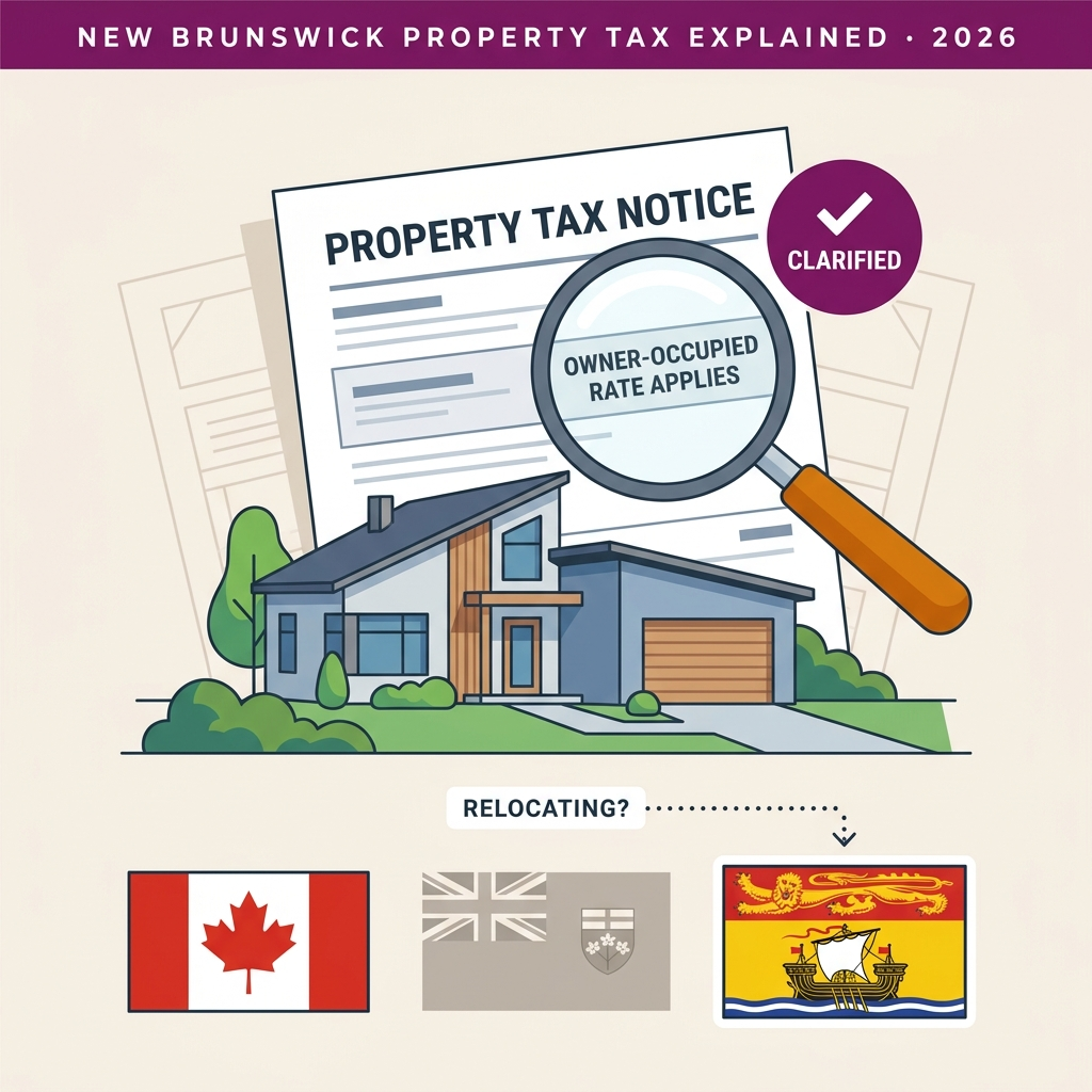 Illustration showing a home and a property tax document with a magnifying glass, explaining New Brunswick non-resident property tax rules.