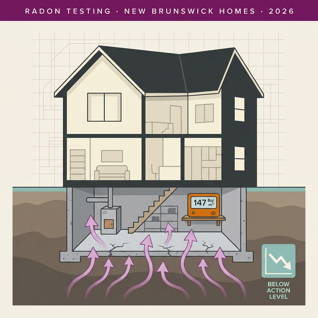 Cross-section illustration of a home showing radon gas flow from foundation and a radon monitor device with safe reading.